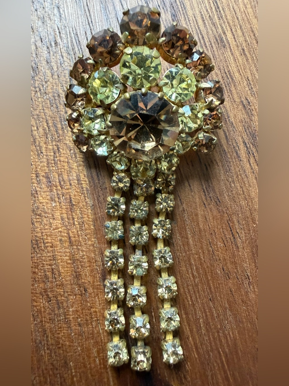 Vintage Made in Austria Gold Tone Yellow Rhinestone Dangle Brooch
